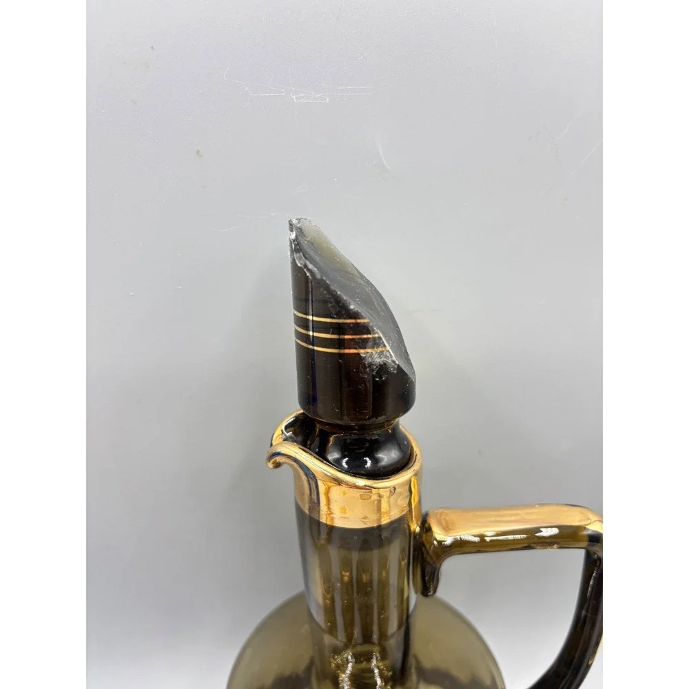 Vintage MCM Smoky Brown Glass Decanter Set Gold Rimmed 6 Cordial Glasses Barware